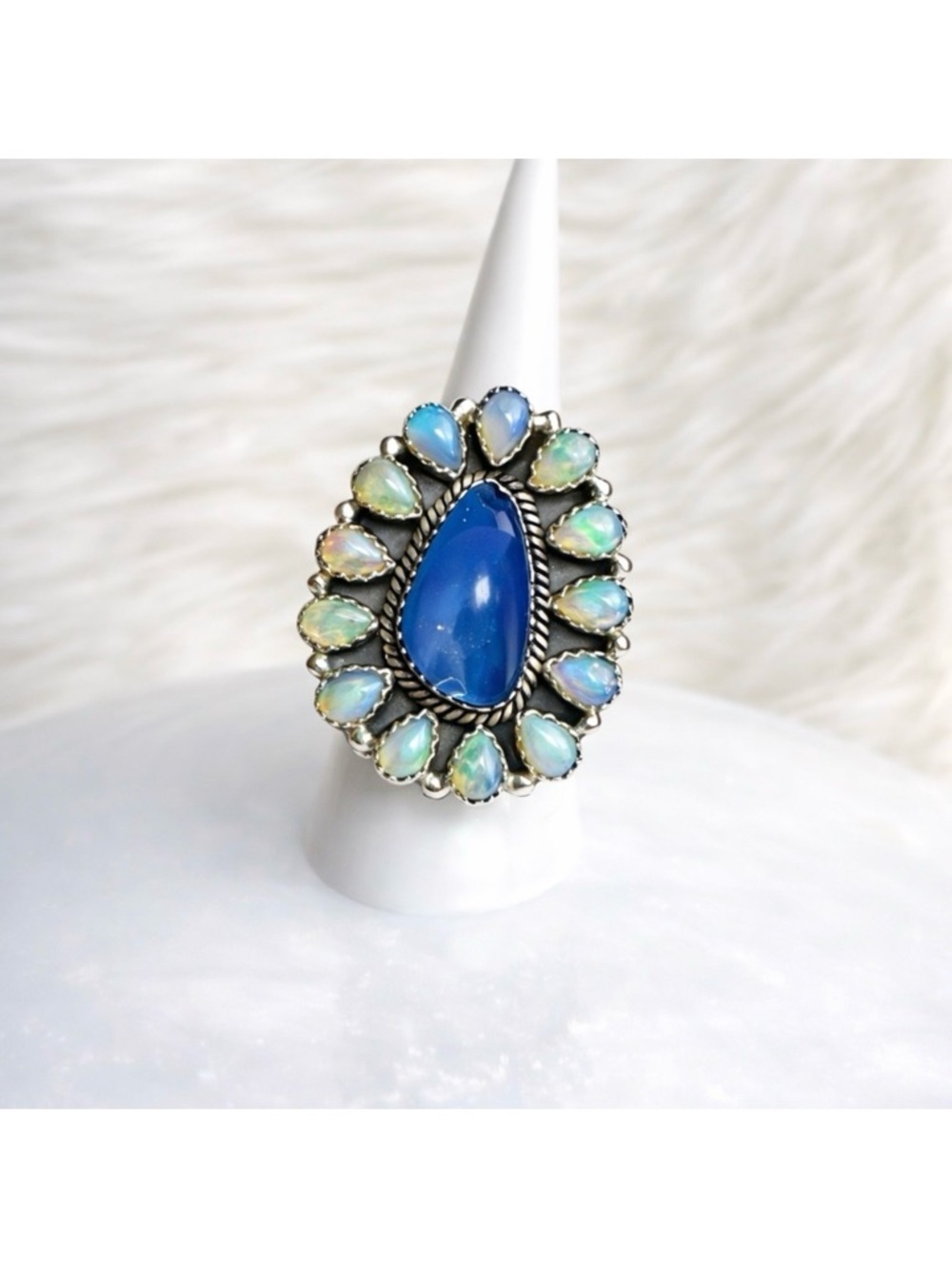 Sterling Silver Blue Chalcedony & Opal Cluster Ring Size 7.5 Adjustable Artisan